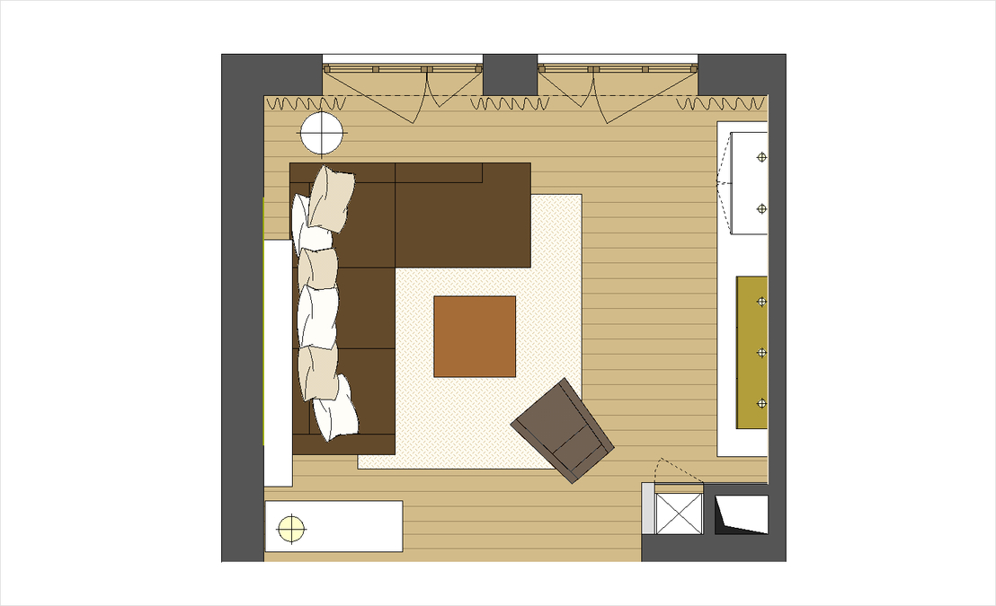 Die Raumaufteilung im Grundriss verdeutlicht die großzügige Wirkung des Raumvolumens. Die Komposition der Raumelemente wurde vom Innenarchitekt genau abgestimmt.