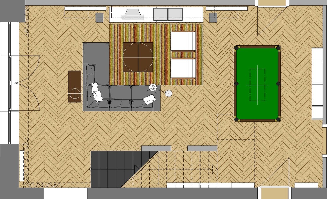 Die Grundrissplanung verdeutlicht die Raumaufteilung innerhalb der Grundfläche. Die seitlich Treppe zur Erschließung des Obergeschosses ist eigene Raumzone.