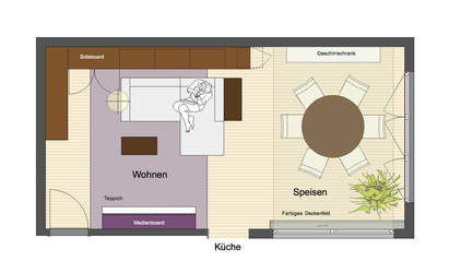 Der Grundriss zeigt die Flächenoptimierung: Der Raum wird durch die Funktionen Wohnen und Speisen in zwei Bereiche unterteilt, die sich gestalterisch und atmosphärisch ergänzen.
