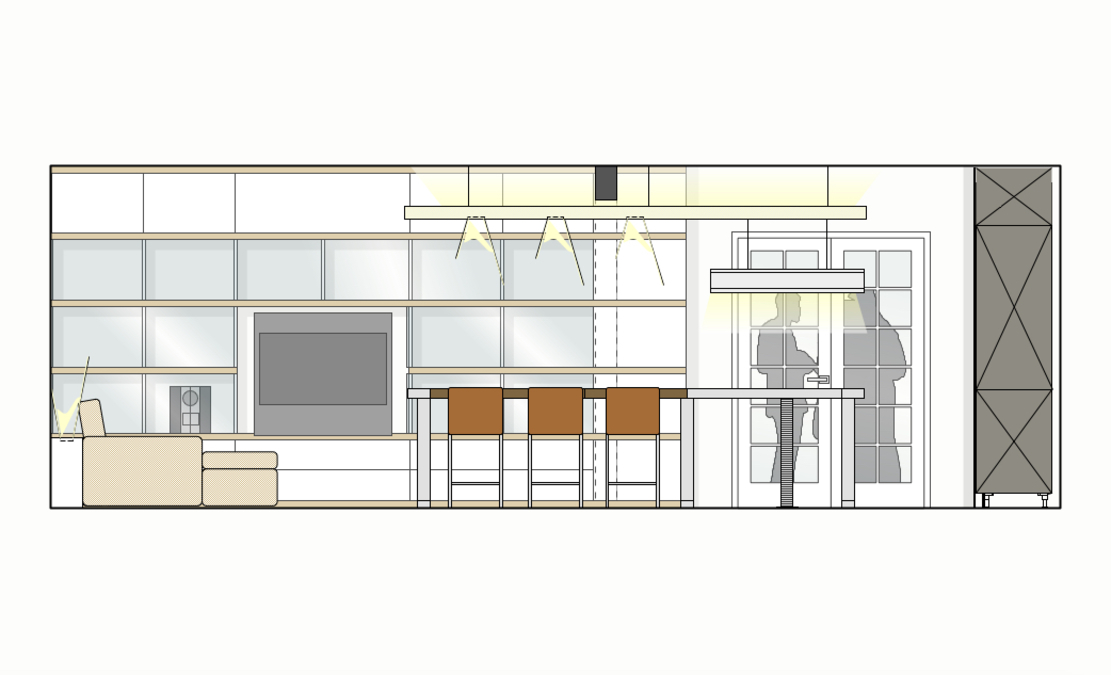 Der Wohnzimmerschrank ist flächig und schlicht gehalten, die weiß lackierten Fronten sind Klappen oder Schubkastenfronten, die Vitrinenfächer sind beleuchtet.