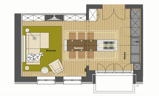 Der Grundriss verdeutlicht die Position des Wohnbereichs innerhalb der Wohnküche, er fügt sich wie eine Lounge in den Raum, der von der Werkbank bewusst dominiert wird.