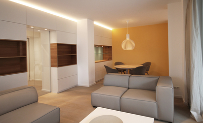 Innenarchitekt Andreas Ptatscheck, München ist Fachmann für alle Themen der Innenarchitektur und des Interior Design, hier für ein Wohnzimmer mit Speisebereich und offener Küche.