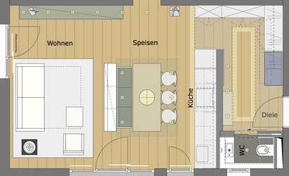 Innenarchitekt Andreas Ptatscheck, München entwirft kreative Raumlösungen für alle Bereiche der Innenarchitektur und des Interior Design, hier für ein Wohnzimmer und zeigt dies im Grundriss.