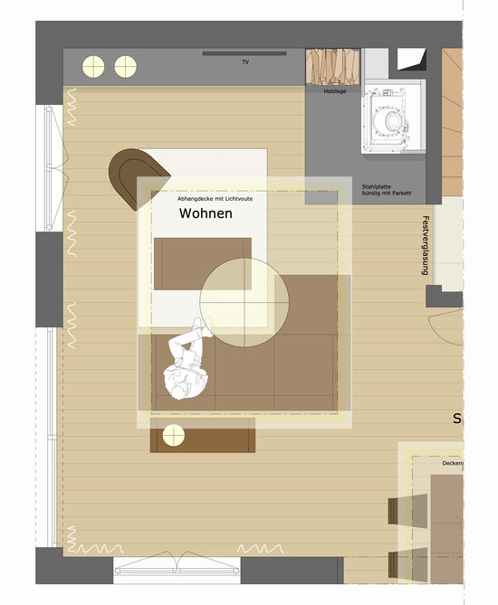 Innenarchitekt Andreas Ptatscheck, München, entwickelt als Interior Designer kreative Raumideen für alle Bereiche der Innenarchitektur und des Interior Design und stellt diese in der Planung dar, hier für ein Wohnzimmer mit Sofa, Teppich, Sessel.