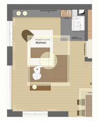 Innenarchitekt Andreas Ptatscheck, München, entwickelt als Interior Designer kreative Raumideen für alle Bereiche der Innenarchitektur und des Interior Design und stellt diese in der Planung dar, hier für ein Wohnzimmer mit Sofa, Teppich, Sessel.