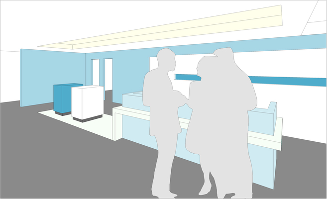 Die Tischplatte aus Glas winkelt seitlich am Korpus ab und wird im Boden flächenbündig als Bodenbelag weitergeführt. Auf der Glasfläche befinden sich Stehtische mit kubischer Form. 